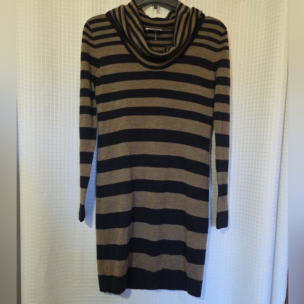 Ann Taylor Loft Merino Wool Blend Cowl Neck Sweater Dress Size S Navy And Brown - Picture 2 of 8